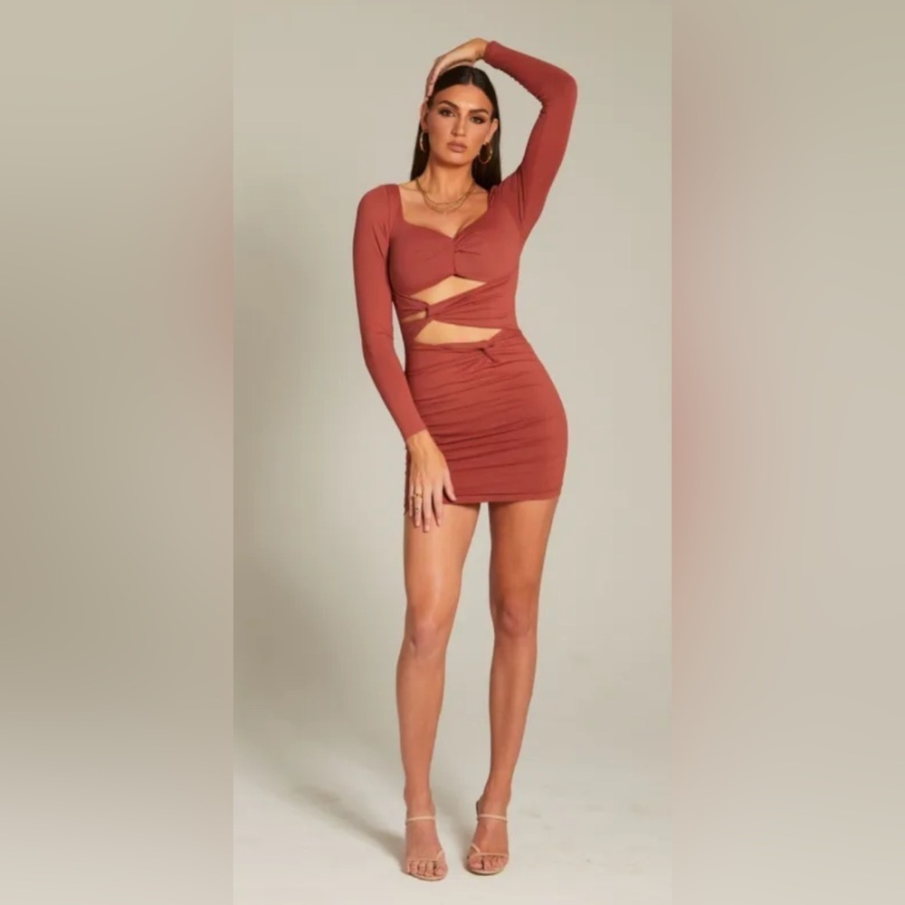 Y2K Rust Cutout Ruched Bodycon Mini Dress M Long Sleeve Party Going Out NWT